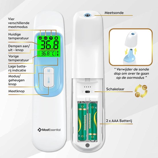MostEssential Premium Koortsthermometer – Oorthermometer & Voorhoofd – Contactloos – Volwassenen, Kinderen, Baby – 20D