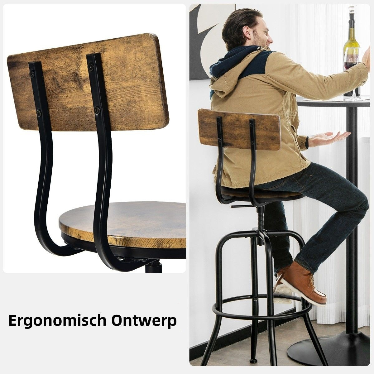 Coast Barstoel set van 2 - Industrieel - Draaibaar - Max. 150 kg - 54 x 54 x 106 cm - Bruin