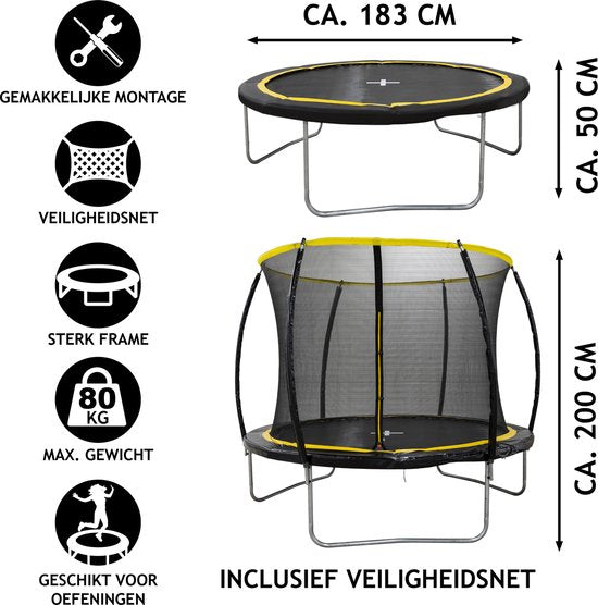 Dunlop Trampoline met Veiligheidsnet - 80 KG - Zwart - 183x201x183 cm