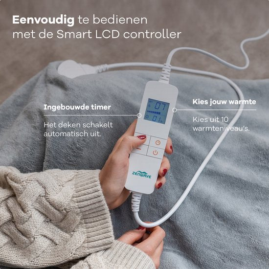 Zenwave Elektrische Deken 180x130cm - Wasmachinebestendige Omslagdeken Grijs - 10 standen Warmtedeken - Ultra Zachte Fleece Warmte Plaid - Elektrische Bovendeken - Kamperen & Outdoor - 1 Persoons