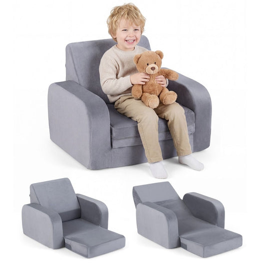 Coast Uitklapbare Kinderbank - 3-in-1 Kinderbank, Loungestoel en Kinderbed - Ultrazacht kristalvelours - Grijs