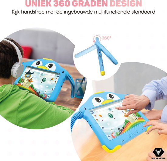 Vulpes Goods® Kids - Kindertablet - Tablet Kinderen - Ouder Control App - 100% Kids Proof - 3500 mAh - Android 10 Go - Incl. Ingebouwde Beschermhoes, Screenprotector & Oogbescherming - 32 GB - Met Touchscreen Pen- PRO versie - Blauw
