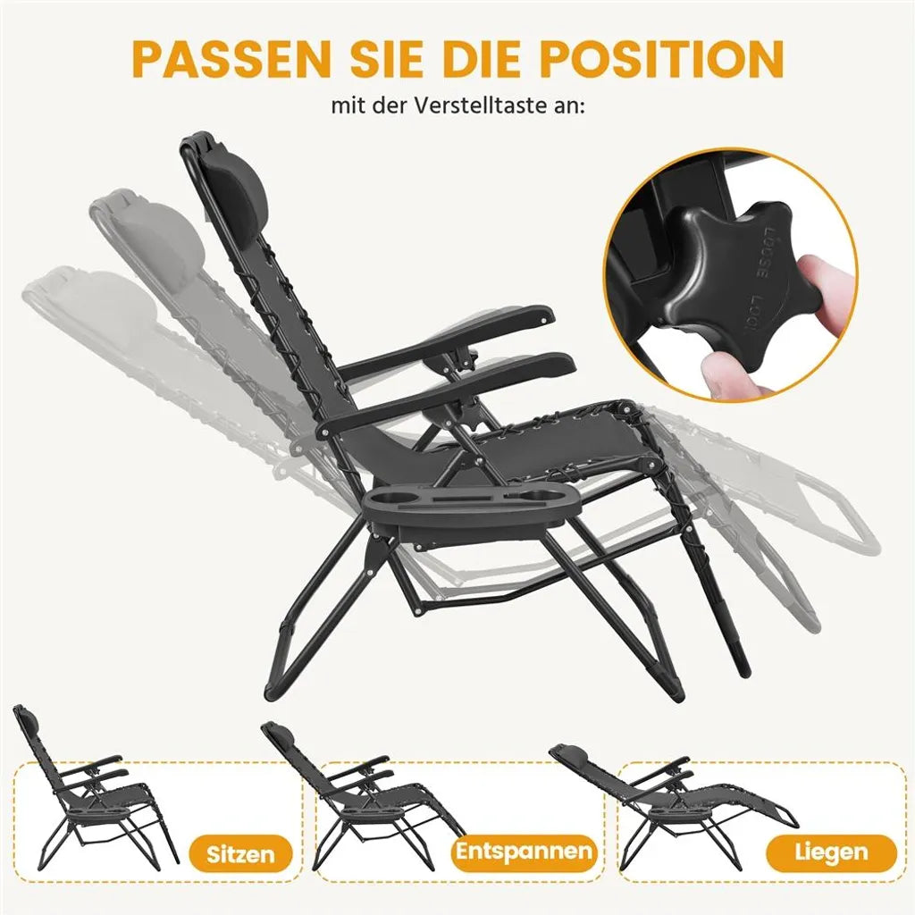 Yaheetech Zero Gravity Stoelen Set van 2 – Donkergrijs – Opvouwbare Ligstoelen 166 × 63,5 × 67 cm met Hoofdkussen en Bekerhouder