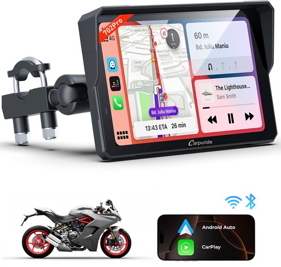 CARPURIDE W702 Pro - Motorfiets Carplay scherm - intercomfunctie - kompas - barometer - touchscreen - muziek delen - dubbele Bluetooth