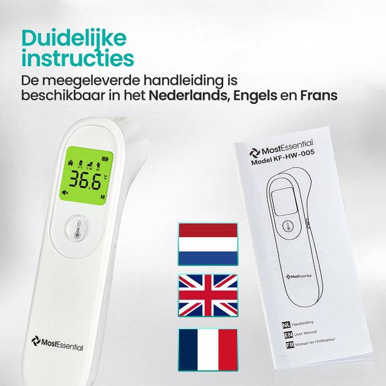 MostEssential Digitale Voorhoofd Thermometer - Temperatuurmeter - Koortsthermometer voor Volwassenen, Kinderen en Baby's - Contactloos - HW05