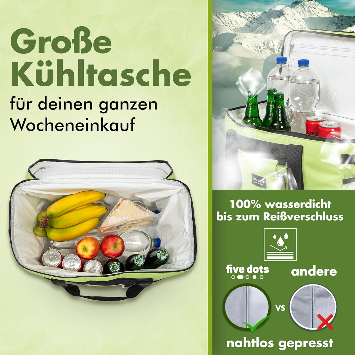 five Dots Koeltas - 30L Inhoud - Waterdicht - 26 x 41 x 31 cm - Groen