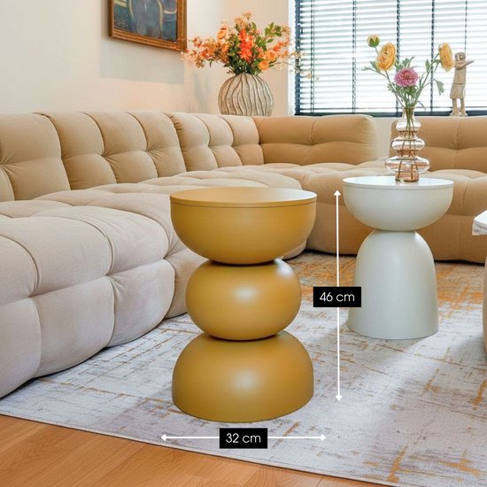 Mica Decorations Luna Salontafel - Nachtkastje voor Slaapkamer - Bijzettafel H46 x Ø32 cm voor Woonkamer - Rond Tafeltje voor Vaas of Planten - Gemaakt van IJzer - Kleur Oker