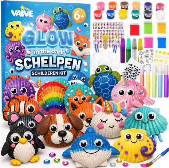 Vaive Schelpen Schilderen 75-delig – Glow in the Dark Happy Stones Knutsel Pakket – Knutselen - Knutselset voor Meisjes & Jongens - Knutselpakketten