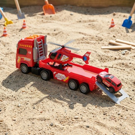 Eddy Toys Brandweerwagen Set 3 Stuks - Brandweerwagen Set met Oplegger, Helikopter en Brandweerauto - Speelgoed Auto, Helikopter en Brandweerauto Met Licht en Geluid - Brandweer - Rood