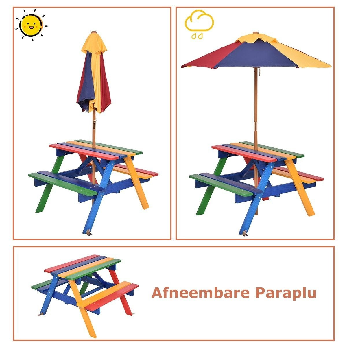 Coast Kinder Picknicktafel set - Hout - Met Verwijderbare Opvouwbare Paraplu - 79 x 71 x 52,5 cm