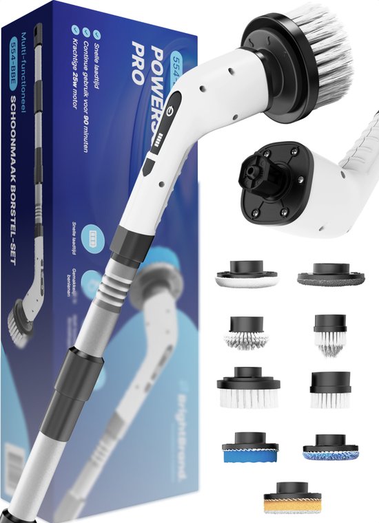 Brightbrand PowerScrub Pro - Elektrische schoonmaakborstel - Schrobborstel - Voor Badkamer en Keuken - Reiniger - Schrobber Met Steel – Luiwagen – Polijstmachine - poetsmachine met 10 opzetstukken