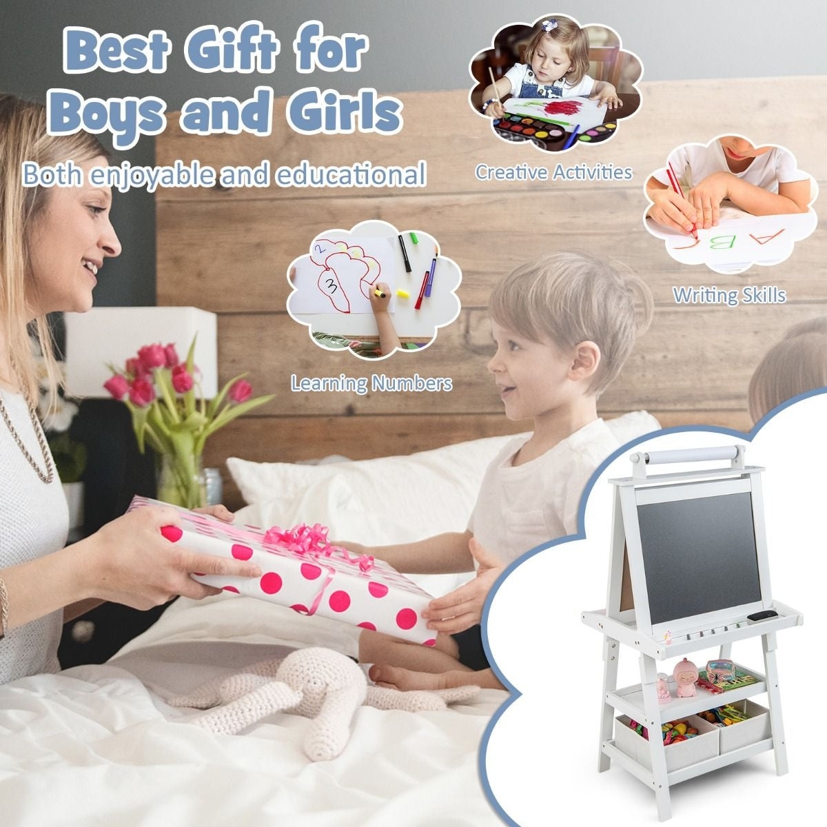 Coast 3 in 1 Kinderschildersezel - Whiteboard & Krijtbord - incl. Magneten 2 Legplanken - Beige - 59 x 50 x 117 cm