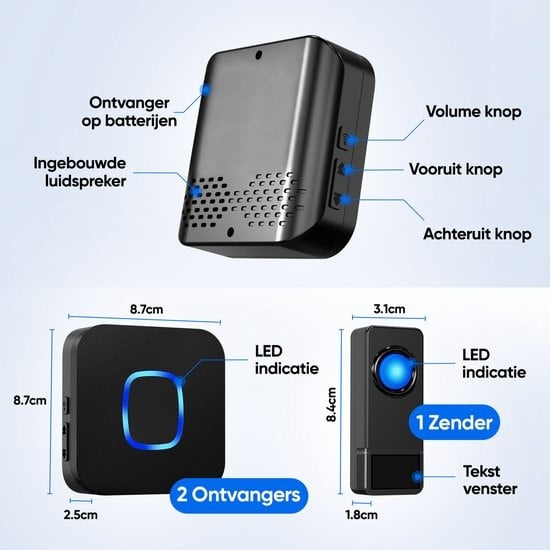 Strex Draadloze Deurbel met 2 Ontvangers Op Batterij - Plug & Play - 300 Meter - 4 Volume / 58 Melodieën - IP55 Waterdicht