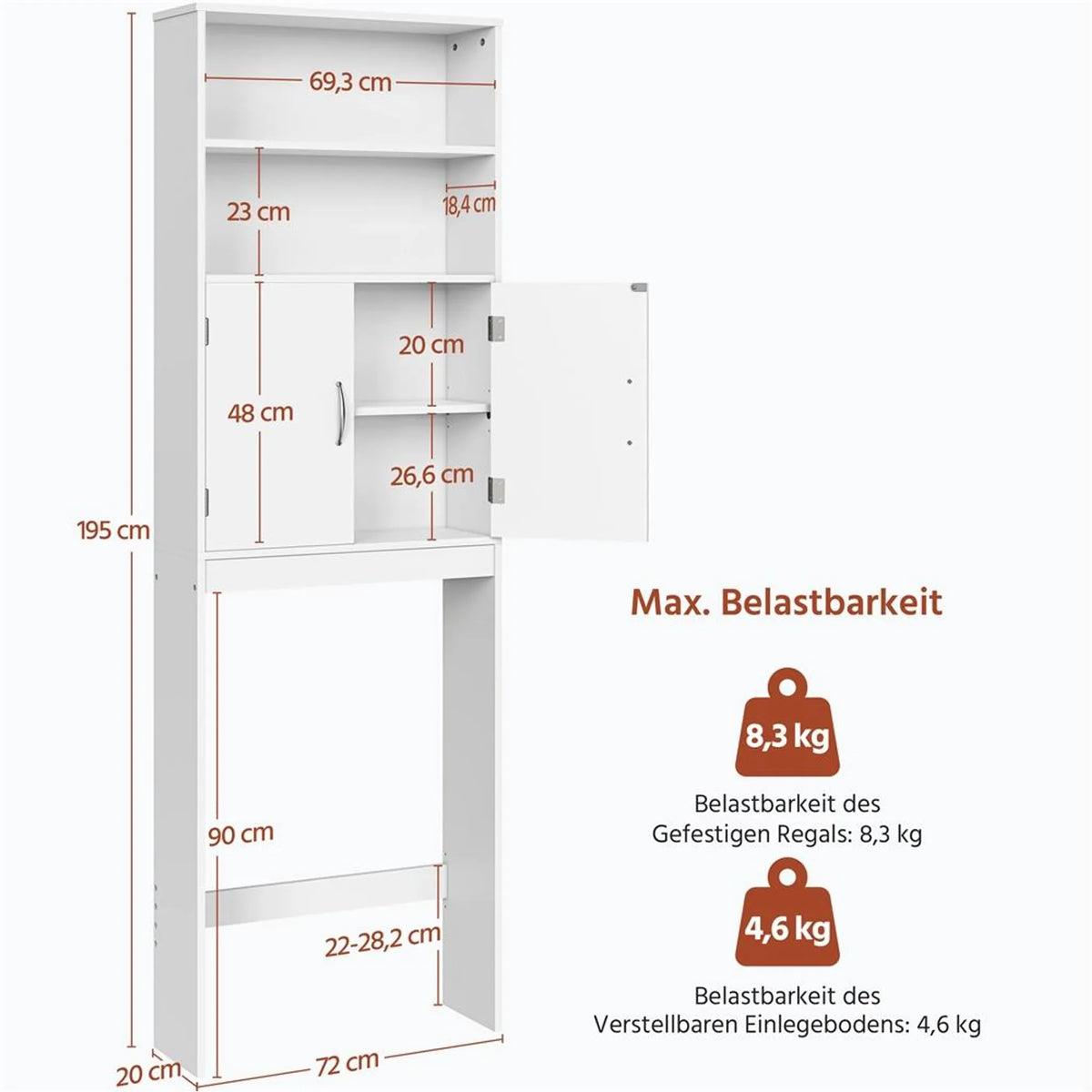 Yaheetech Ruimtebesparende Toiletkast / Overkasting 72x20x195 cm – Wit – MDF en Metaal