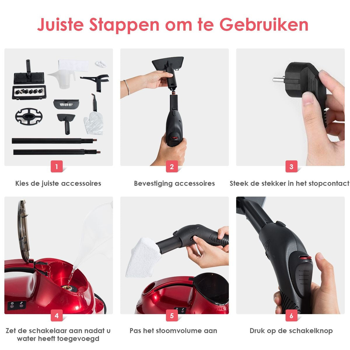 Coast Stoomreiniger - 2000W - 1,5 Liter - Incl. 19 Accessoires - EasyFix - Rood