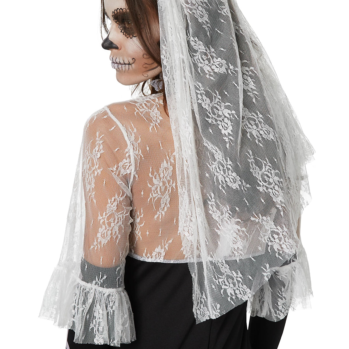 DressForFun Enge Skelet Bruid Kostuum Dames – Voorzien Van Kanten Opstaande Kraag En Gevoerde Cups En Sluiersluier – Voor Halloween En Carnaval – Zwart En Wit Polyester – Maat S
