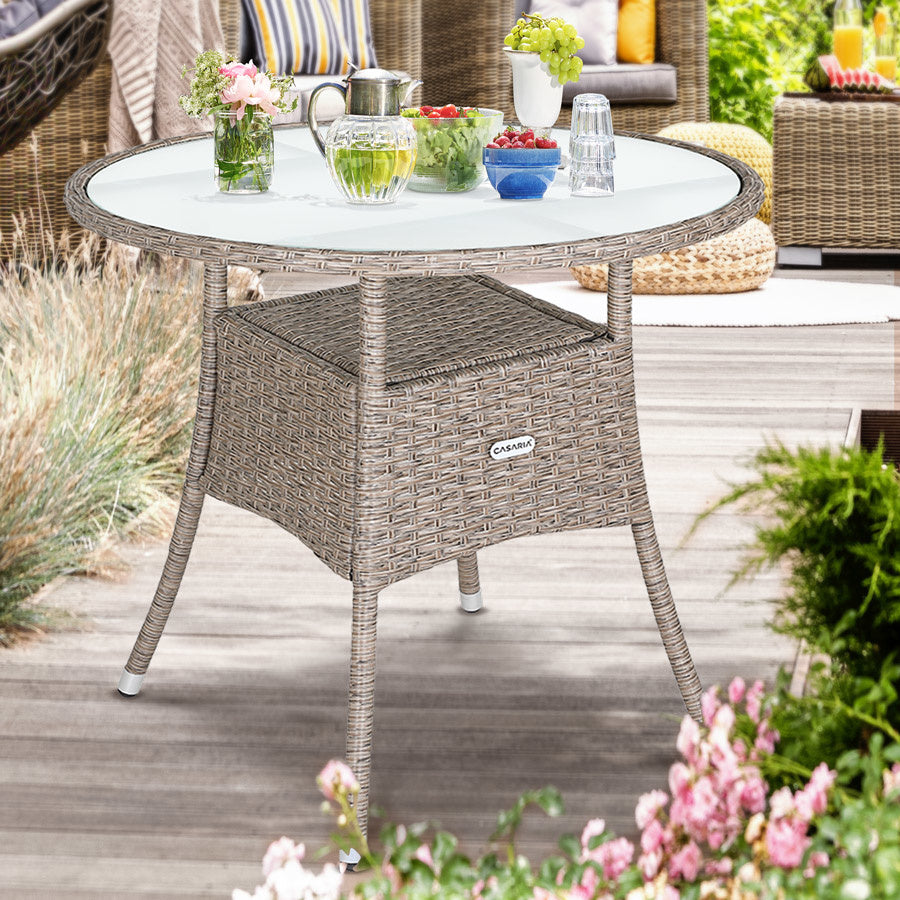 Casaria Polyrattan Bijzettafel 80cm Rond - 5mm Veiligheidsglas – Beige