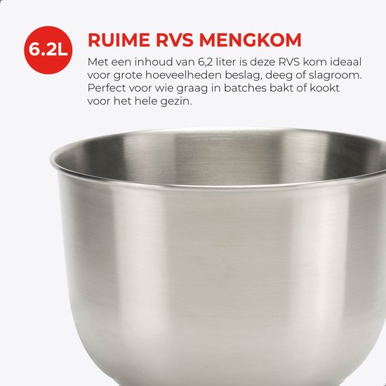 Bourgini Kitchen Chef Plus - XL Keukenmachine - 6.2L mengkom - Keukenrobot - 3 Accessoires - Keukenmixer - 1.2kg pizza/brooddeeg kneden