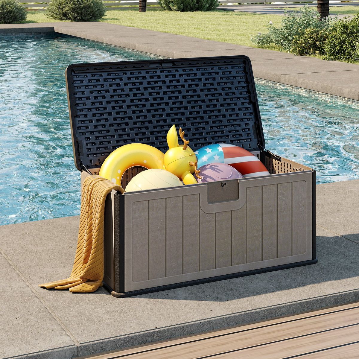 Coast Tuinbox - Kussenbox 378 liter - Waterdicht - Met afsluitbaar deksel - Zwart en bruin