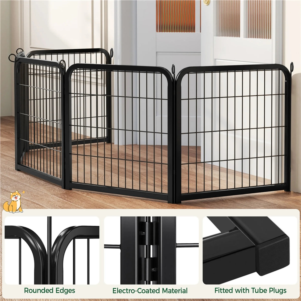 Yaheetech Opvouwbare Hondenren & Puppyren 6-Delig Met Deur En Grondpennen 60,5 cm Hoog – Zwart – Metaal