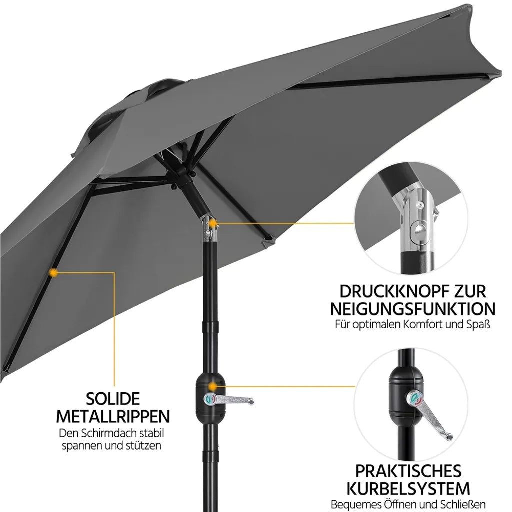 Yaheetech Parasol Ø226 cm – Grijs – 226 x 226 x 240 cm – Met Slinger en Kantelfunctie
