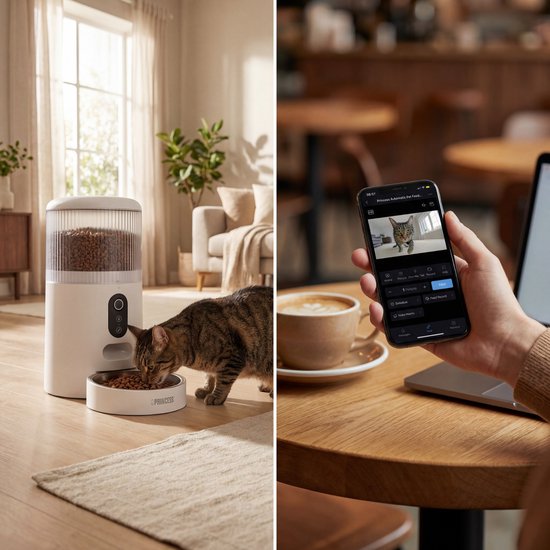 Princess Automatische Voerbak - HD Camera & Smart - 4 Liter – Kat & Hond - App‑Bediening – Geplande Voeding – Roestvrijstalen Kom – Back-up Batterij - Voerautomaat - Voerdispenser - 610045