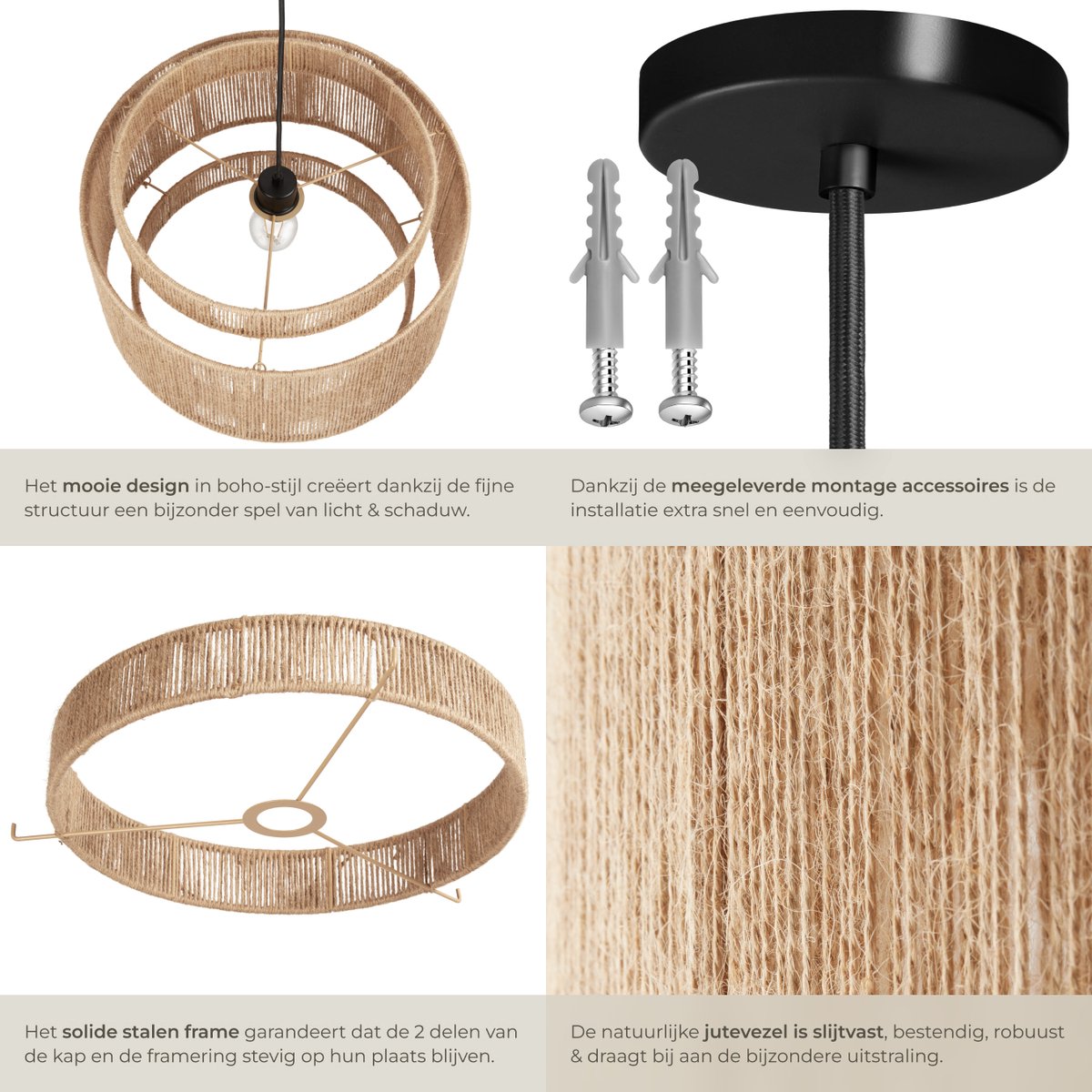 tectake® Plafondlamp Lignea Lux - Boho Hanglamp - Jute Natuur - Ø46 x 32 cm - 40W