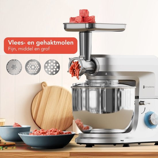 KitchenBrothers Keukenmachine - Complete Set - 15 Accessoires - Keukenrobot - 6L - 1500W - Zilver