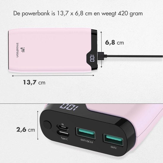 imoshion Powerbank 20000 mAh - Snellader 22.5W - LED indicator - USB C & USB A - Geschikt voor o.a. iPhone en Samsung - Universeel - Lichtroze