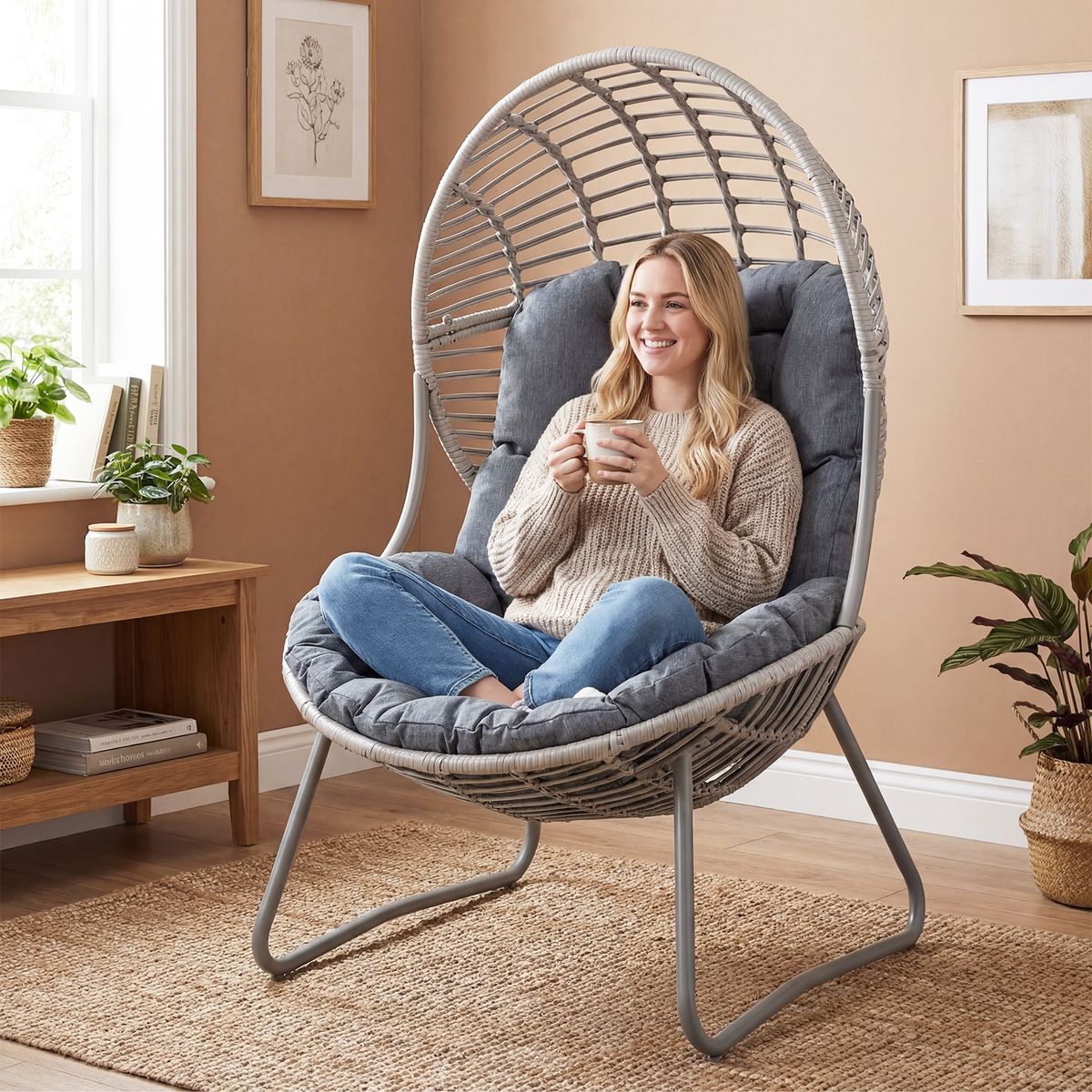 Coast Loungestoel van rattan - ei-vormig ontwerp - afneembare kussens - grijs