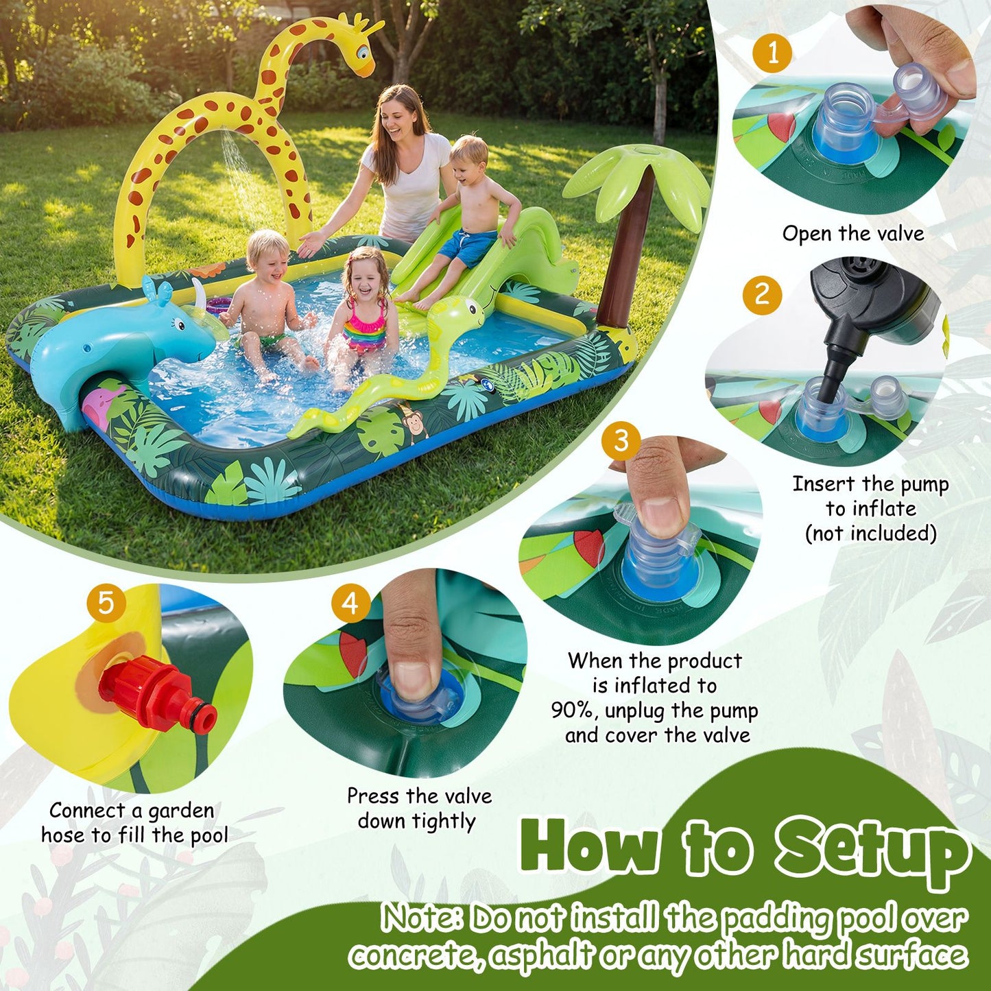 Coast Dieren in de Jungle Opblaasbaar Zwembad met Glijbaan en Sprinkler - Ringwerpspel Waterspeelcentrum voor Kinderen - 208x178x138 cm - Multikleur