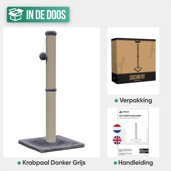 Avalo Krabpaal met Speelballetje - 36x36x74 cm Donkergrijs - Krabpaal voor Katten - Katten krabpaal
