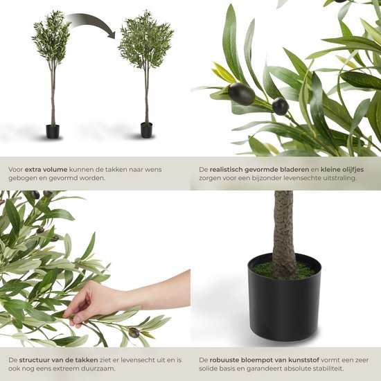 tectake® Kunstmatige Olijfboom Oleand – Mediterrane Kunstplant met Realistische Bladeren en Olijven – Onderhoudsvriendelijk en Veelzijdig – Inclusief Stevige Bloempot – Hoogte: 150 cm