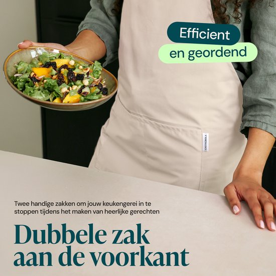 Castagnola keukenschort - Water- en vuilafstotend - Professioneel Kookschort - Schort voor Dames en Heren - Horeca Sloof - Unisex - Verstelbare Gesp - Extra Grote Vakken - Beige