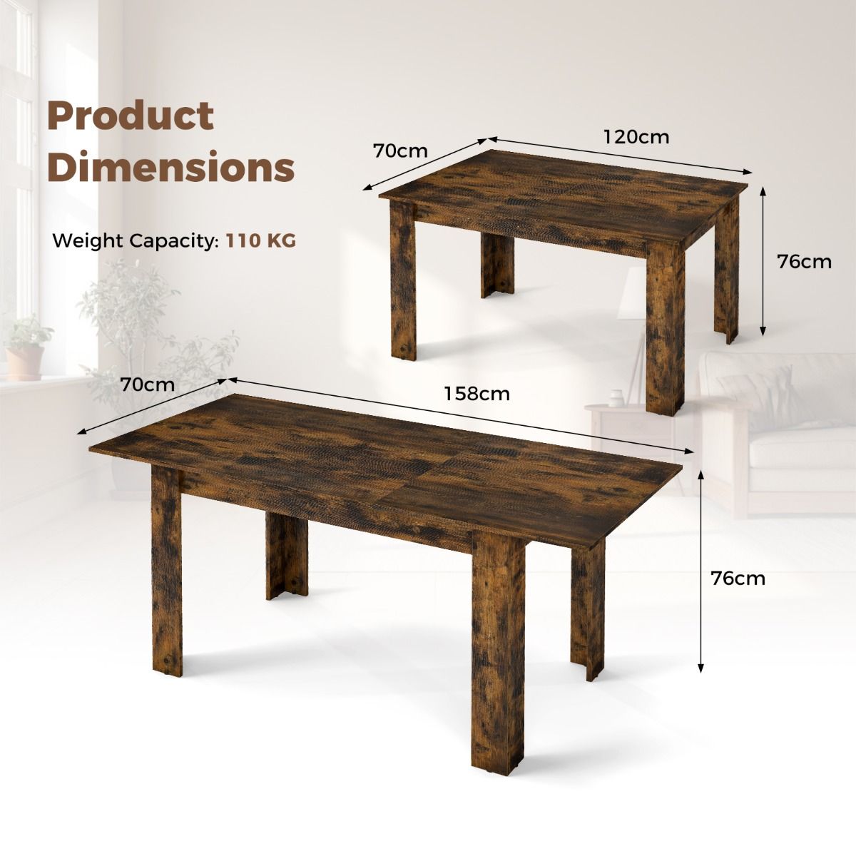 Coast Uitschuifbare Eettafel - Verstelbaar tafelblad - L-vormige poten - Koffiebruin 158 x 70 x 76 cm