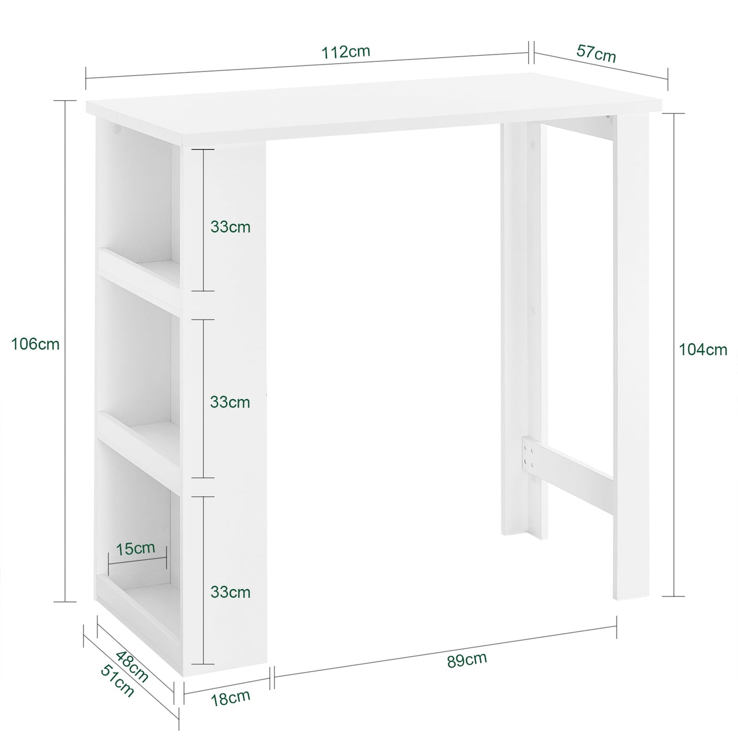 SoBuy FWT17-II-W Bartafel – Hoge Keukentafel met Opbergruimte – Compacte Staantafel voor Keuken, Woonkamer of Koffiebar – Wit – 112 x 57 x 106 cm