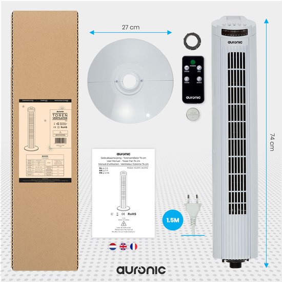 Auronic Torenventilator - Staande Ventilator met Afstandsbediening - Vloerventilator - Timer - Kolomventilator - Fan - 50W - 45dB - 74cm - Wit