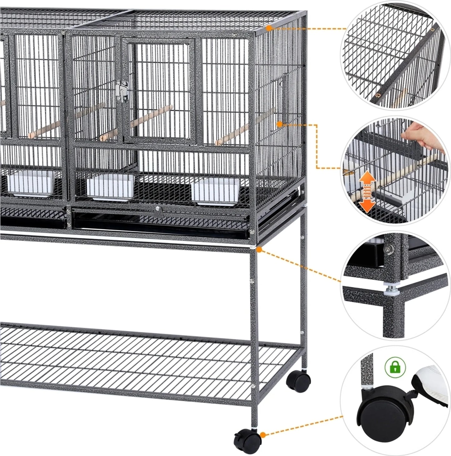 Yaheetech Vogelkooi Met Tussenschot – Voorzien Van Verwijderbare Standaard En Vier Zitstokken En Opbergvak – Voor Kanaries En Parkieten – Zwart Gelakt Metaal En Hout – 95,5 x 45,5 x 105 cm