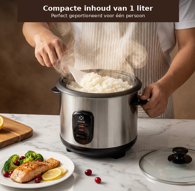 Woox Elektrische Rijstkoker 1 Liter - Zwart & RVS - Glazen Deksel