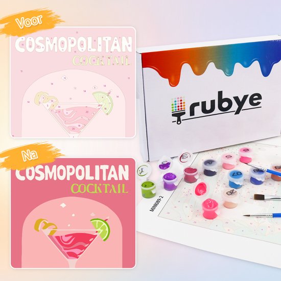 Rubye® Schilderen Op Nummer Volwassenen – Gin Tonic - Cocktails – Inclusief Verf en Penselen – Canvas Schildersdoek - Kleuren op Nummer - Dubbele Set - 15x20cm