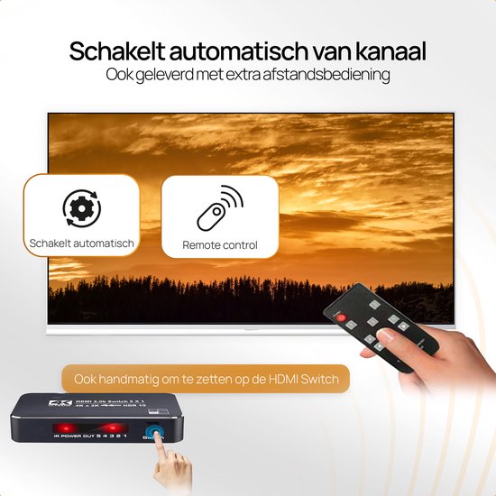 Drivv. HDMI Switch 4K 60Hz – 5 ingangen 1 uitgang - Incl Afstandsbediening - Automatisch Schakelen - Ondersteunt 720p/1080p/4K/3D - Zwart