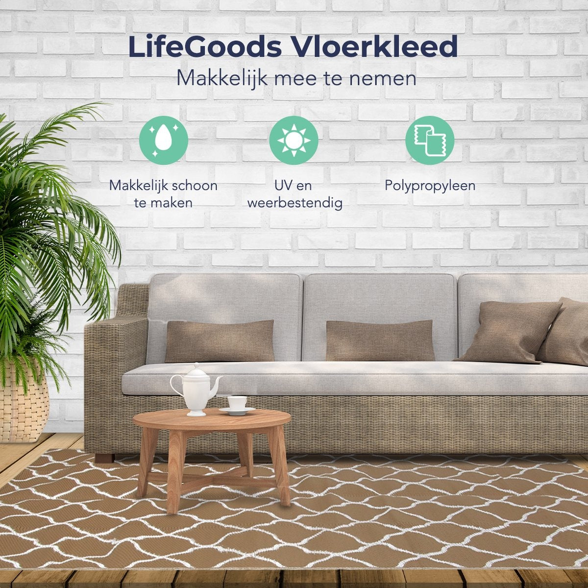 LifeGoods Buitenkleed - 152x230CM - Vloerkleed - Tuintapijt - Buitentapijt - Omkeerbaar - Incl. Draagtas - Met Patroon - Beige/Wit