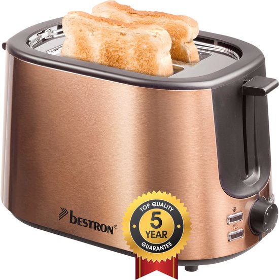 Bestron Broodrooster ATS1000CO - 1000W - 7 Bruiningsniveau's - 2 Broodsleuven voor 2 boterhammen - Koper - 5 jaar garantie