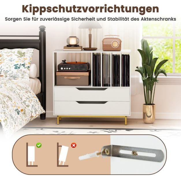 Coast Platenspeler Meubel Wit – Retro Vinylkast met 4 Platenvakken en 2 Lades – 91 x 36 x 87 cm