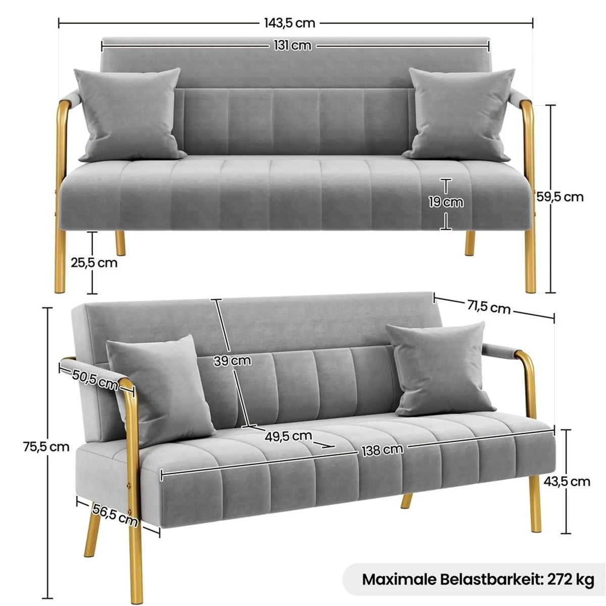Gestoffeerde Tweezitsbank met Armleuningen en Metalen Poten Lichtgrijs 143,5 × 71,5 × 75,5 cm