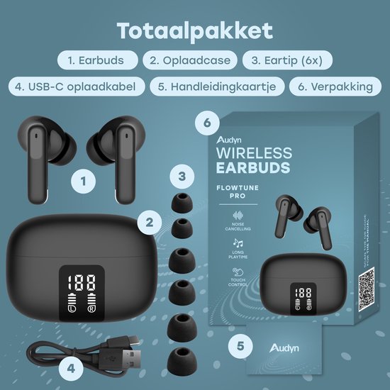 Audyn Oortjes Draadloos - Draadloze Oordopjes - Noise Cancelling ANC+ENC - Bluetooth - In-ear - Zwart - FlowTune Pro