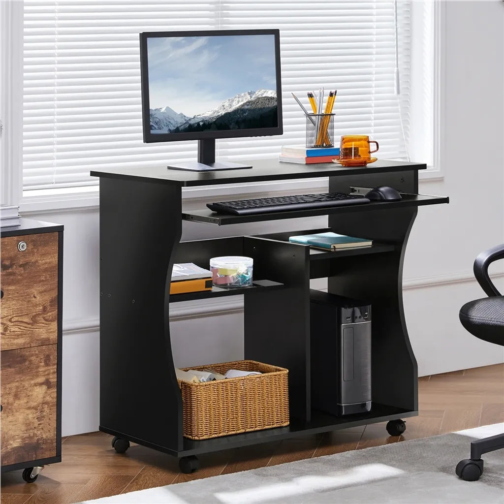 Yaheetech Computerbureau met Toetsenbordlade en Wielen - Zwart - 80 x 48 x 76 cm