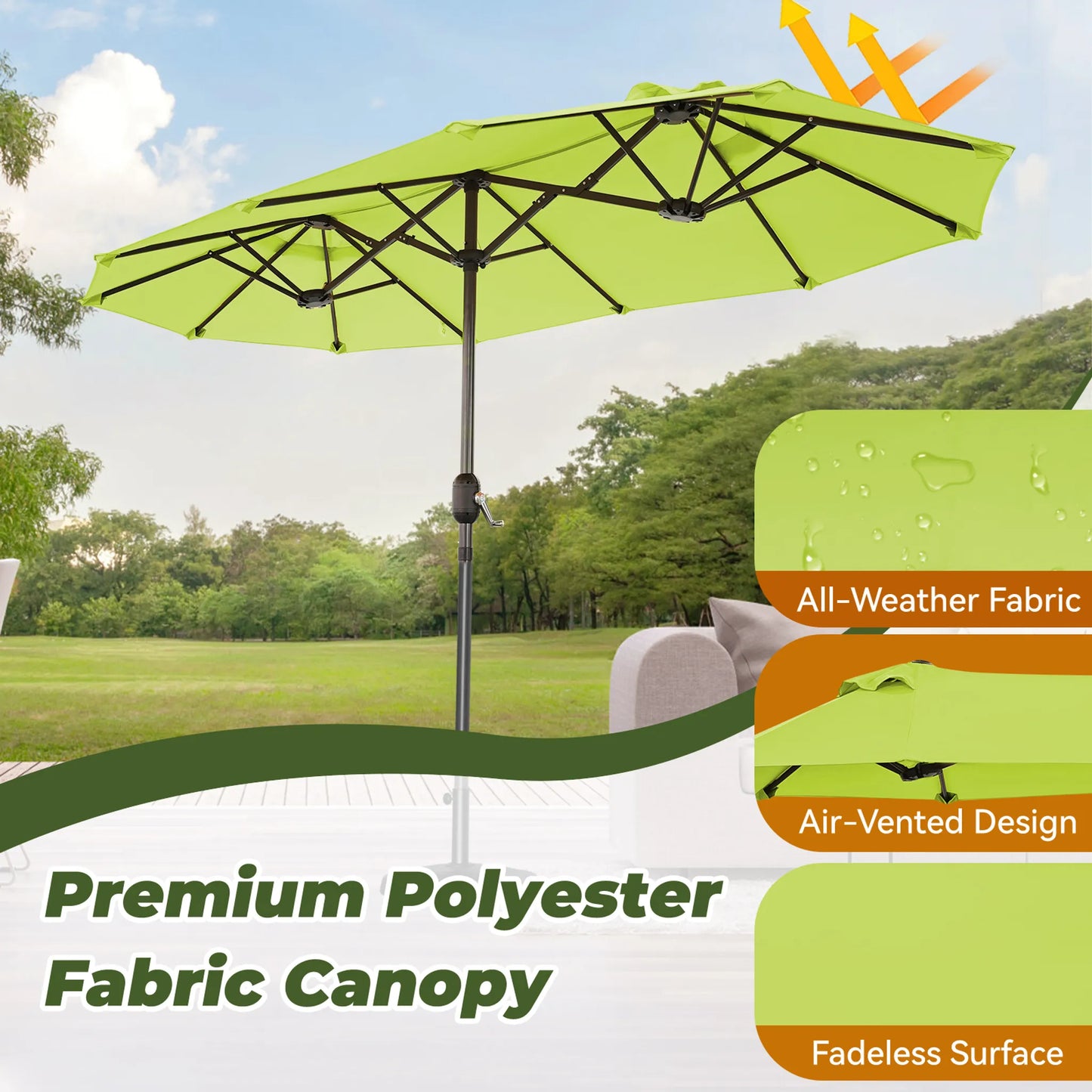 Angel Living dubbele parasol - 2,97 x 1,53 m - met zwengel - UPF 50+ - appelgroen