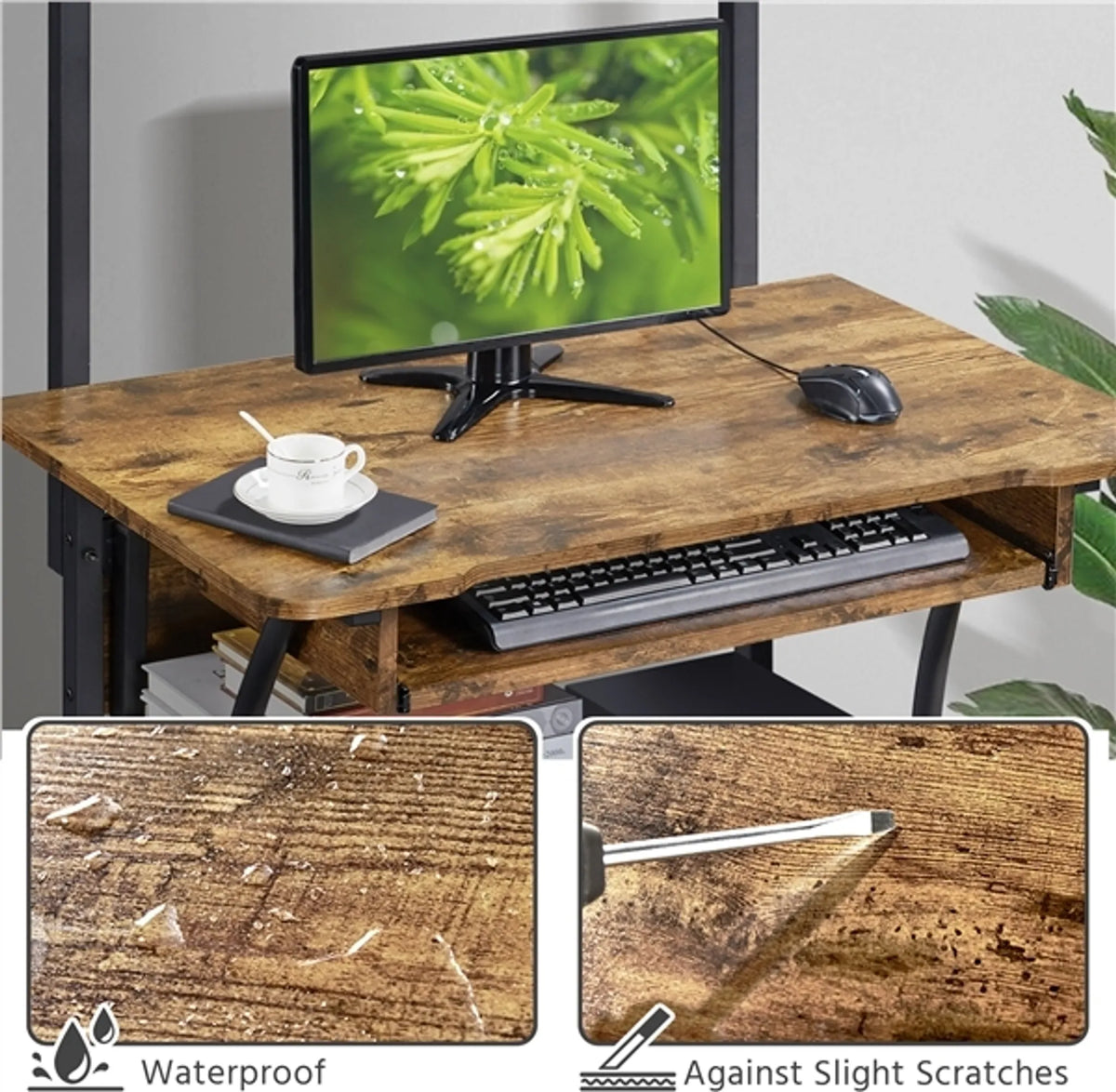 Yaheetech Computerbureau met opbergplanken en wielen - 80,5 x 60 x 132 cm - Rustiek bruin