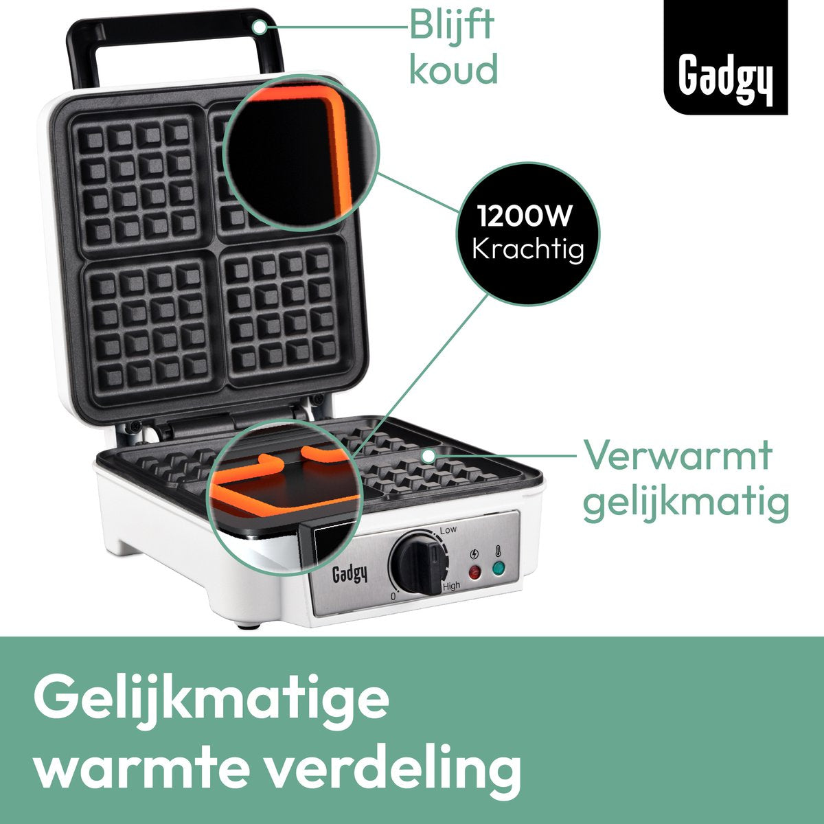 Gadgy Wafelijzer Voor 4 Wafels - Kunststof - 27.5x20x11 cm - Antiaanbaklaag - 1200 W - Wit